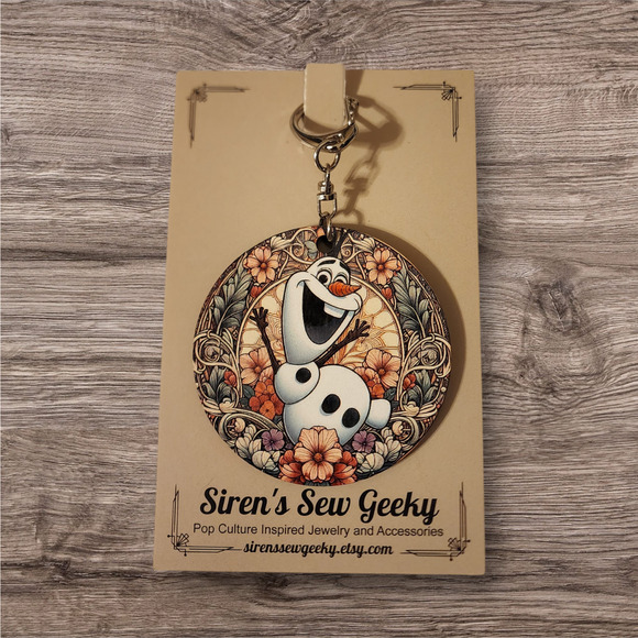 Olaf Frozen Floral Fan Art Keychain / Bag Clip - Picture 2 of 2